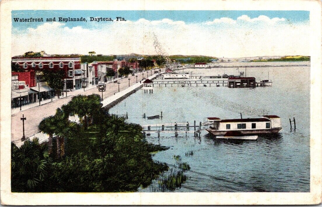1917 Postcard Daytona Florida Waterfront Esplanade Houseboat Kodaks Trolley