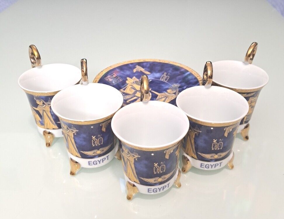 Antique Egyptian Expresso Cup & Saucer Set 6 Units, Heavy Gold Overlay & Cobalt