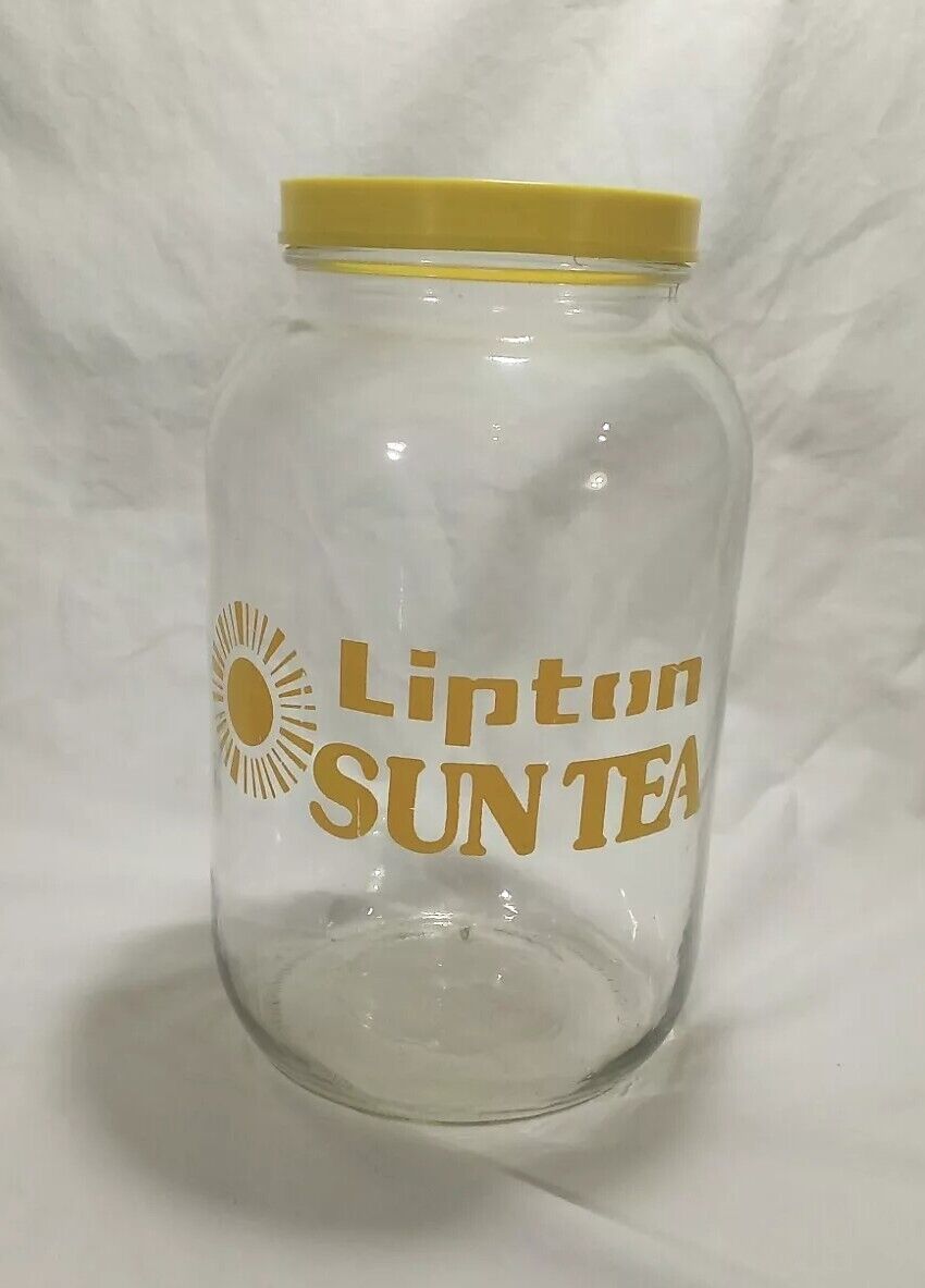 Vintage Lipton Sun Tea Jug Glass 1 Gallon Jar 70s 80s Retro Summer Yellow Lid VG