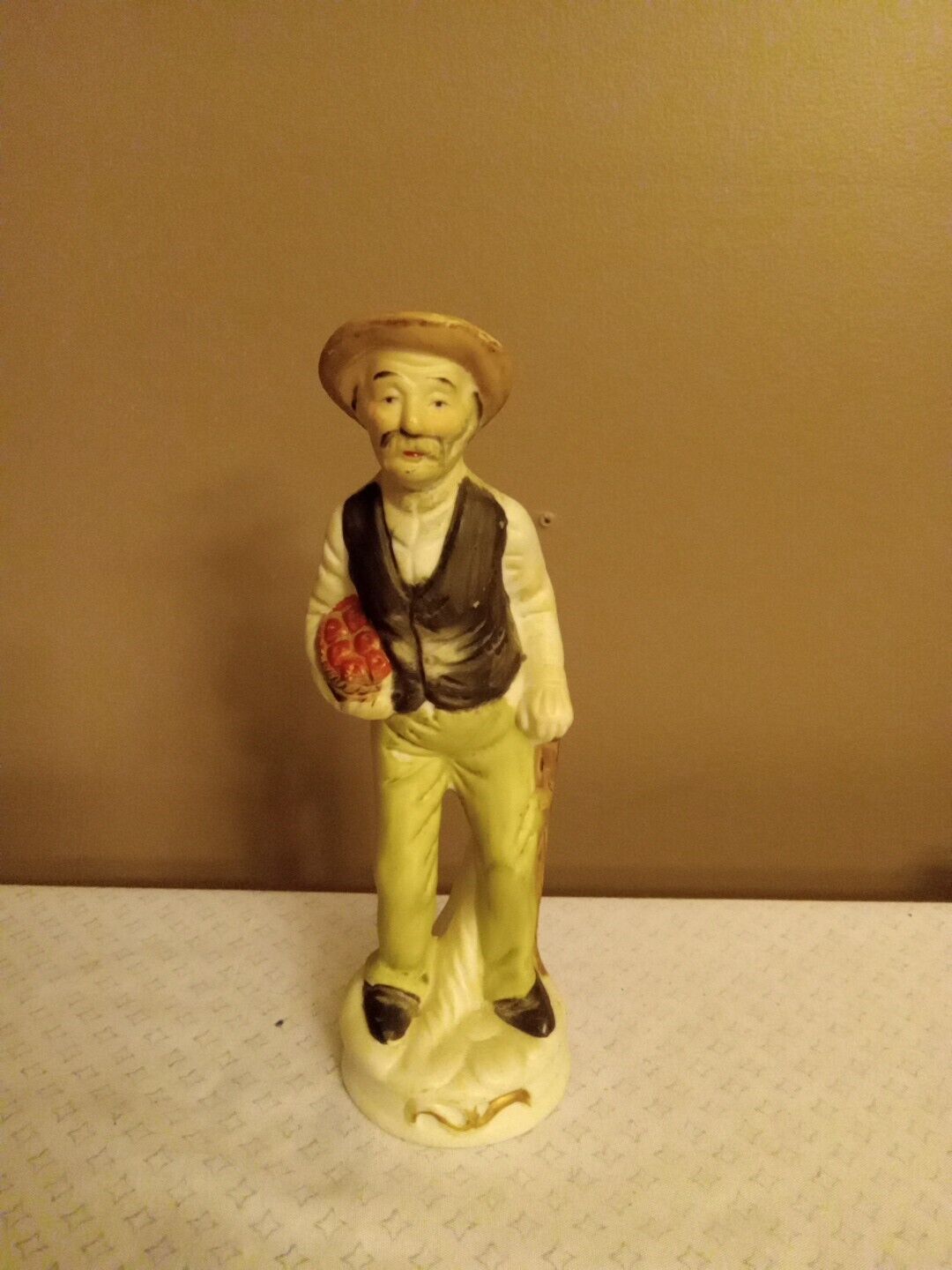 Vintage Ceramic Bisque Old Farm Man Collecting Fruits Decorative Figurine