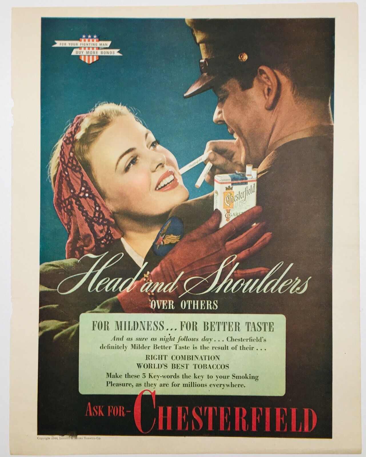 1944 Chesterfield Cigarette Print Ad Soldier and Sweetheart WWII