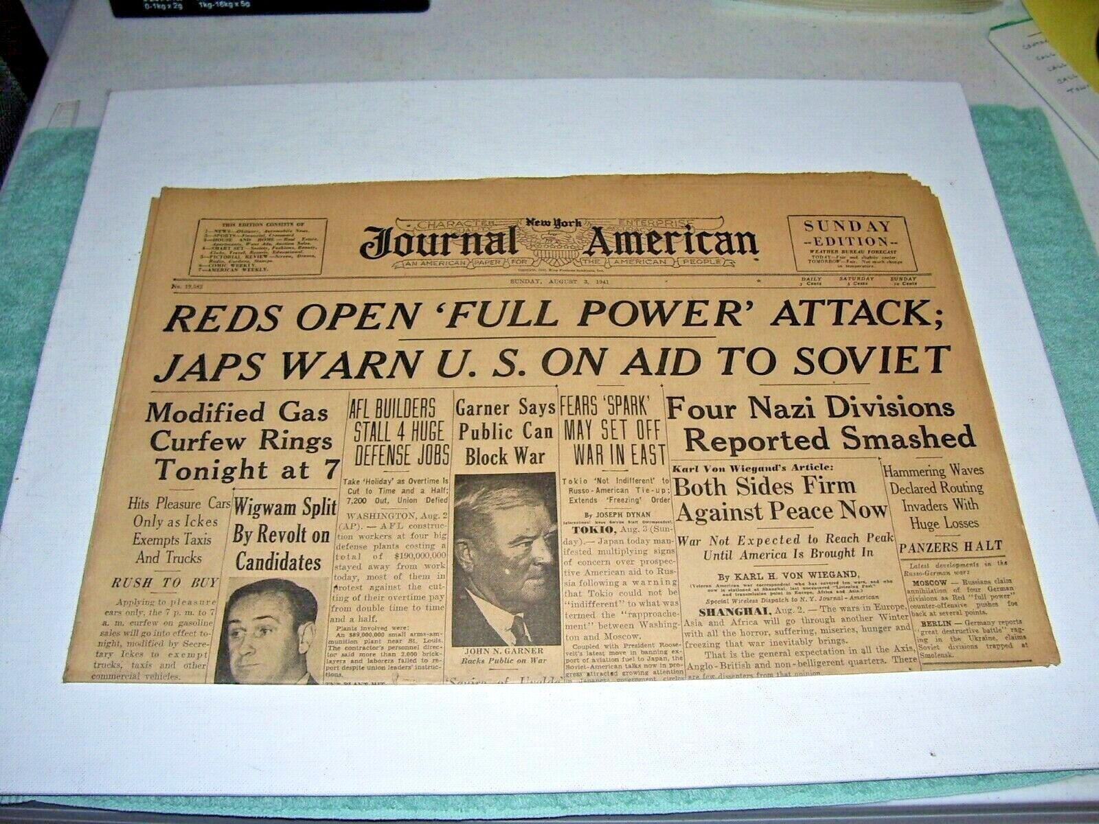 NY JOURNAL AMERICAN Newspaper August 3, 1941, REDS OPEN ATTACK, JAPS WARN USA
