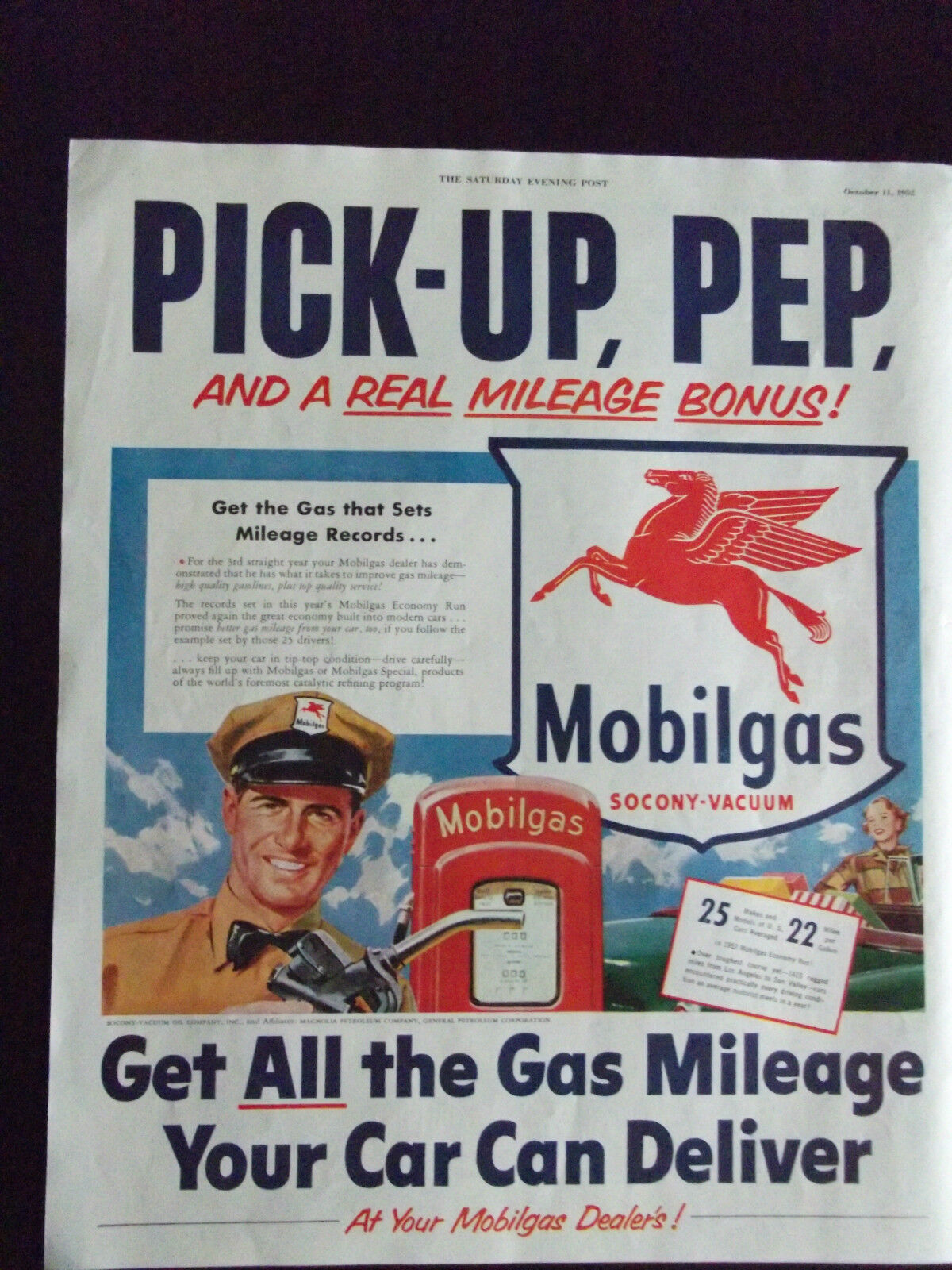 1952 Mobilegas Gasoline Pick-Up Pep Advertisement 