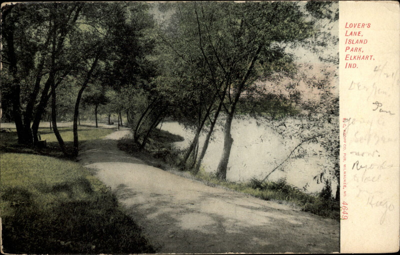 Elkhart Indiana ~ Island Park ~ Lover\'s Lane ~ postcard mailed 1908