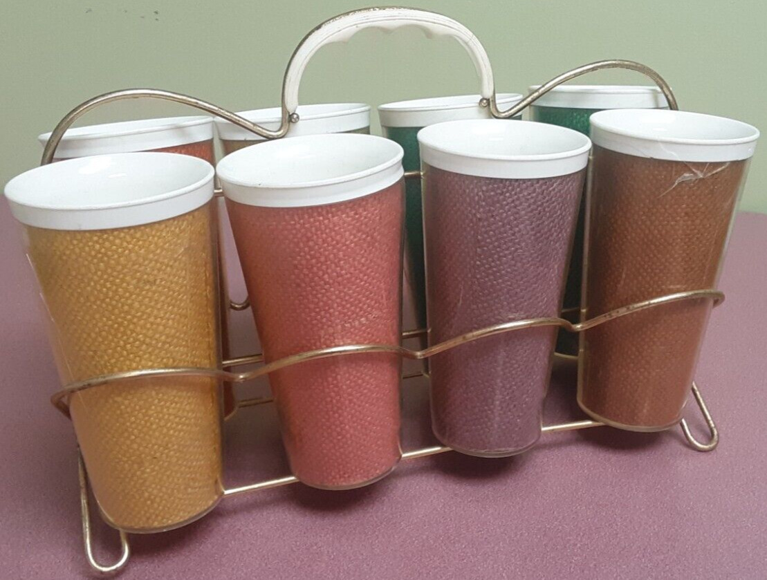 8 Raffia Melmac Tumblers Cups Insulated Raffiaware Rattan Burlap w/ Cup Carrier