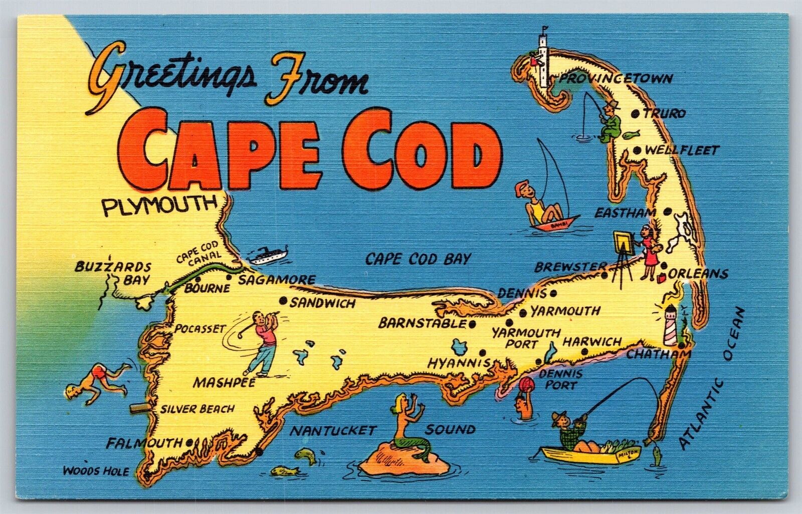 Postcard Greetings from Cape Code Mass map large letter linen O123