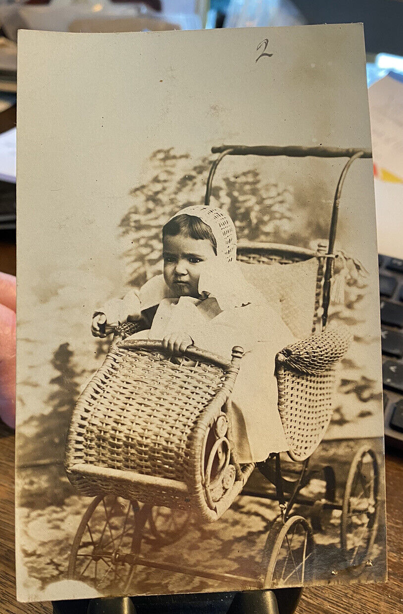 1907 RPPC Baby In wicker PRAM Stroller Crisp Unposted NICE