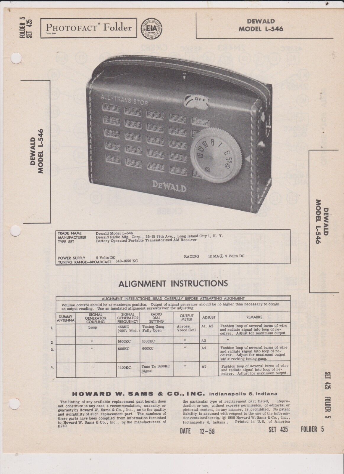 SAMS 1958 DEWALD RADIO SCHEMATIC L-546    WITH CHARTS AND DIAGRAMS