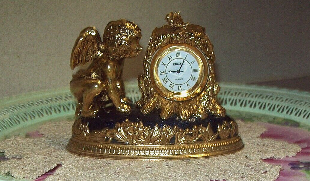 Vintage Colbolt Blue & Gold Gilt Decorative Art Nouveau Cherub Clock w/Dove
