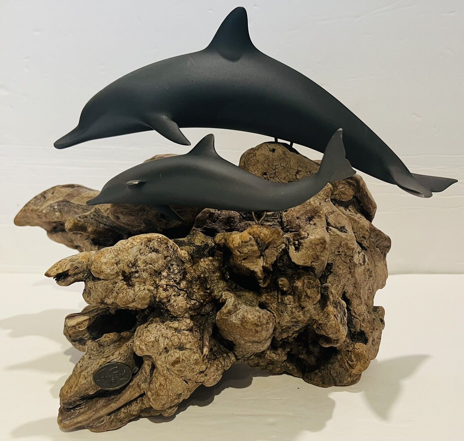 Vintage JOHN PERRY Dolphin Sculpture - Dolphin and Baby on BURL WOOD Large 
