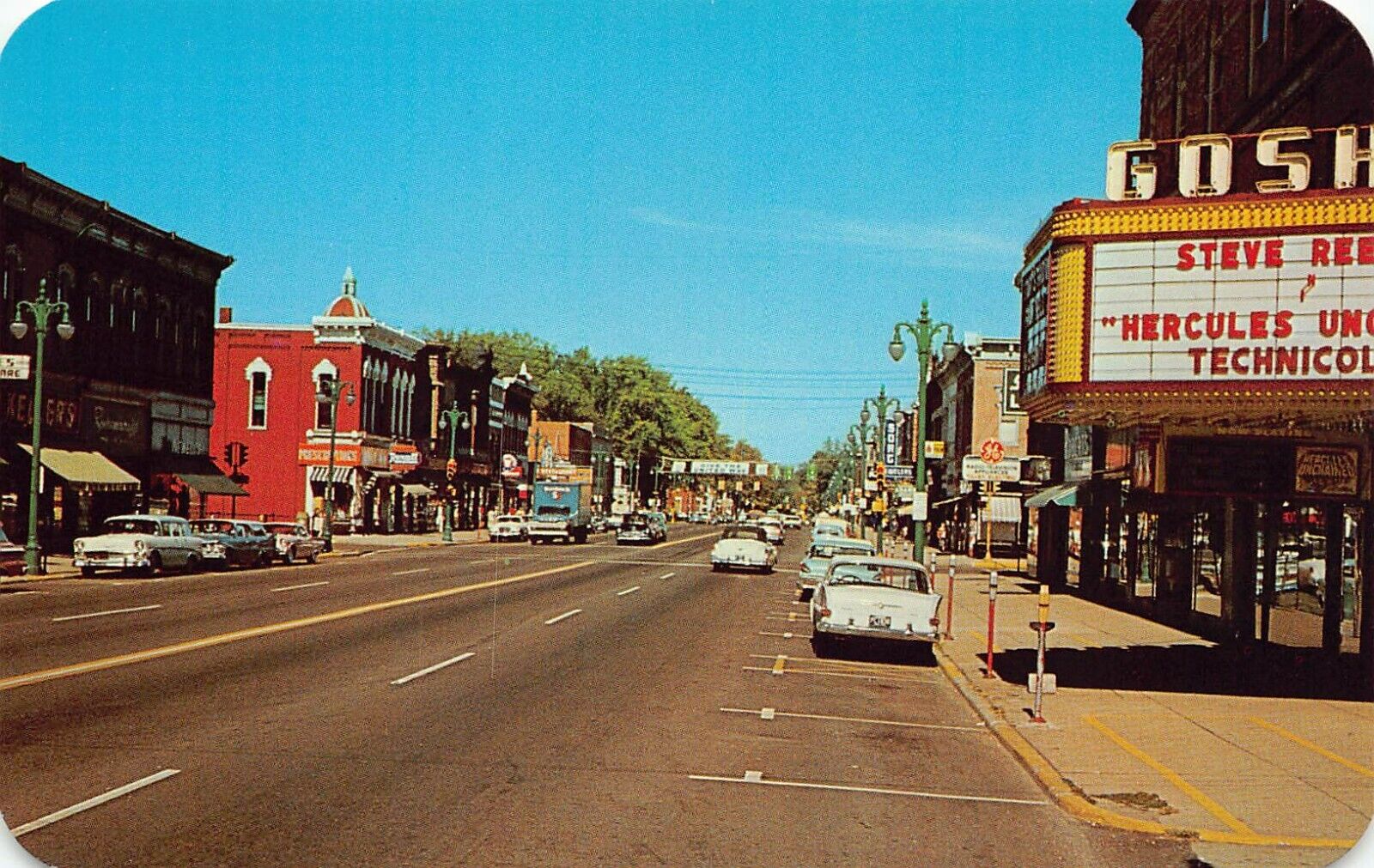 Goshen IN Indiana Main Street Steve Reeves Hercules Premiere Vtg Postcard A2