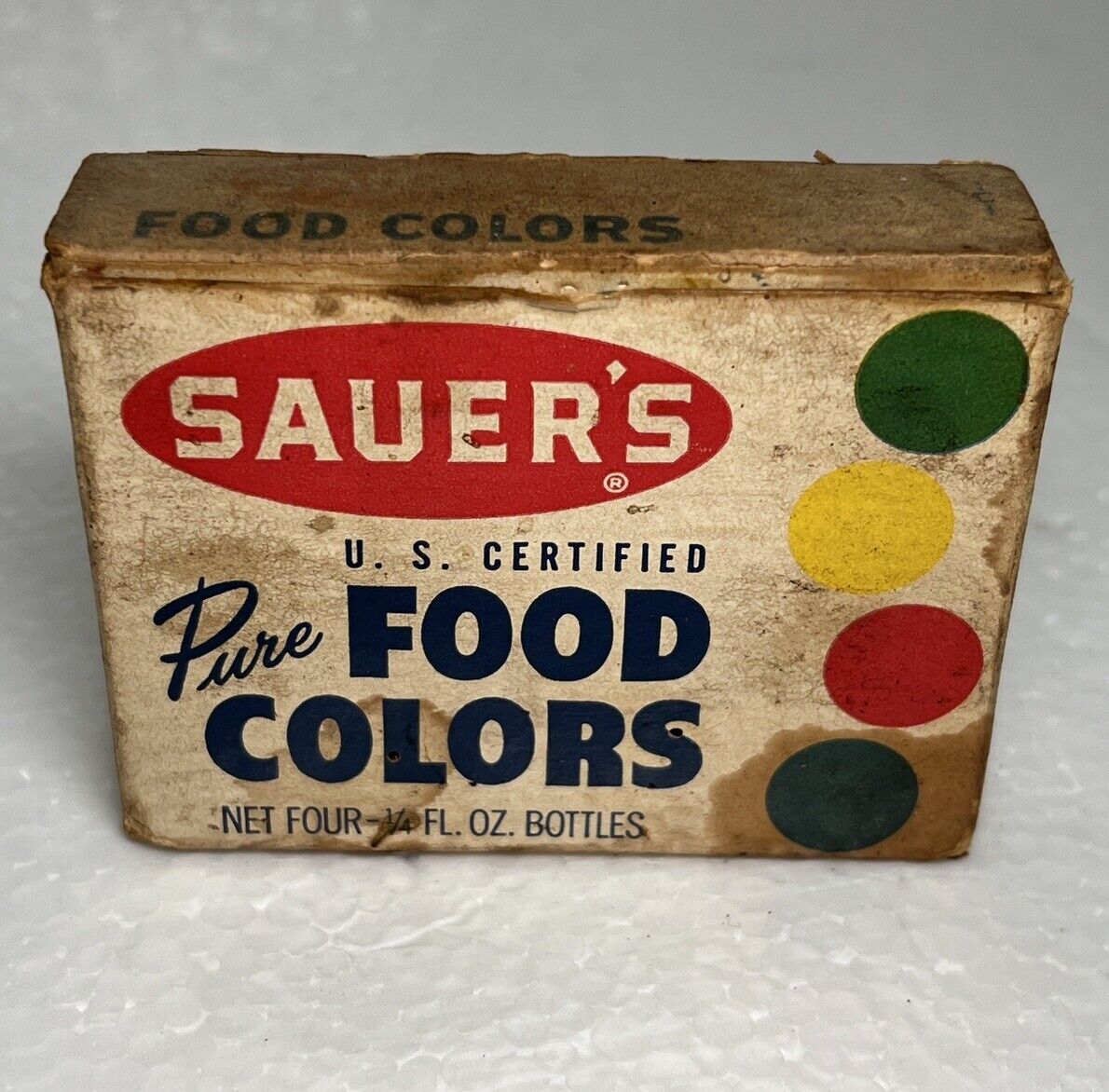Vintage Sauer’s Food Color Glass Bottles RARE Box Antique PURE US Certified