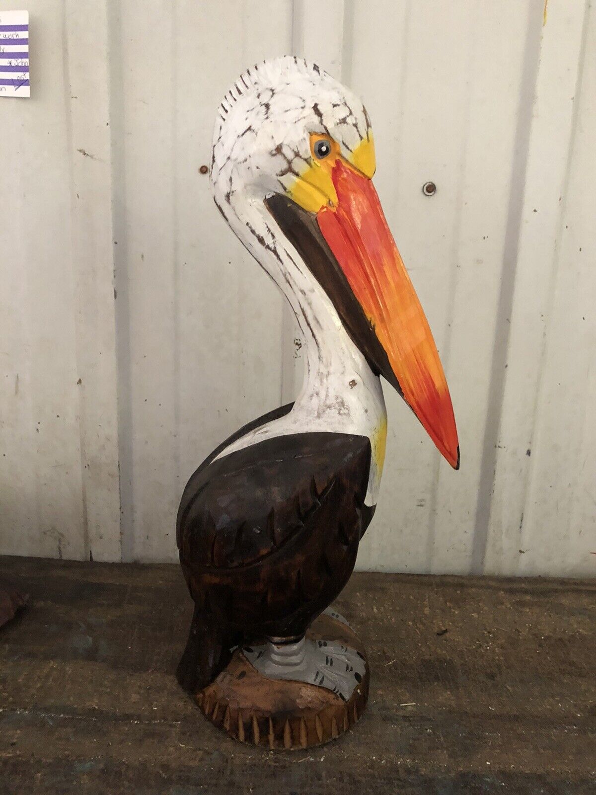 20” BROWN PELICAN ON PILING HAND CARVED WOOD TROPICAL SCULPTURE BIRD DECOR