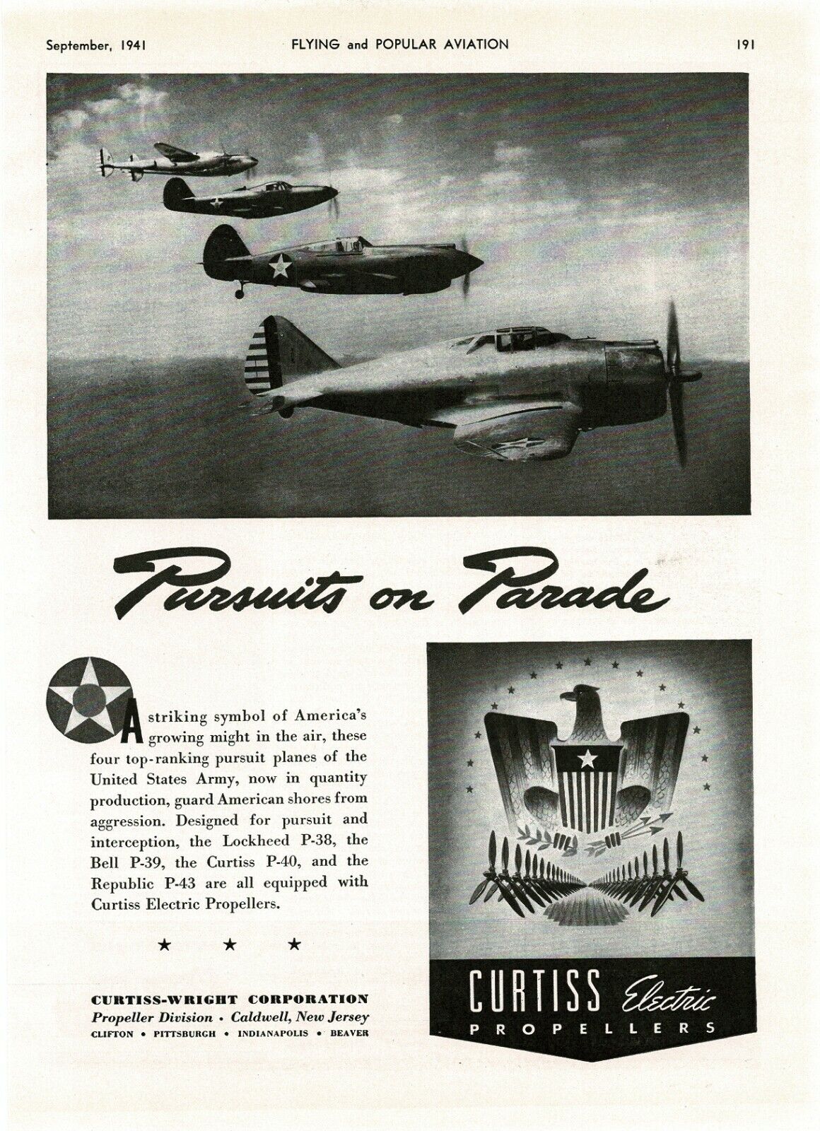1941 CURTISS Electric Propellers used on P-38 P-39 P-40 P-43 Vintage Print Ad