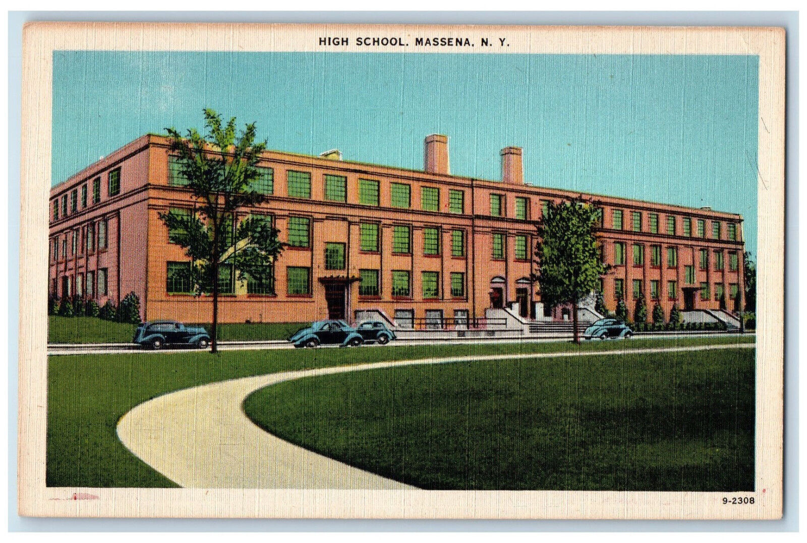 c1940\'s Car Passing High School Massena New York NY Vintage Postcard