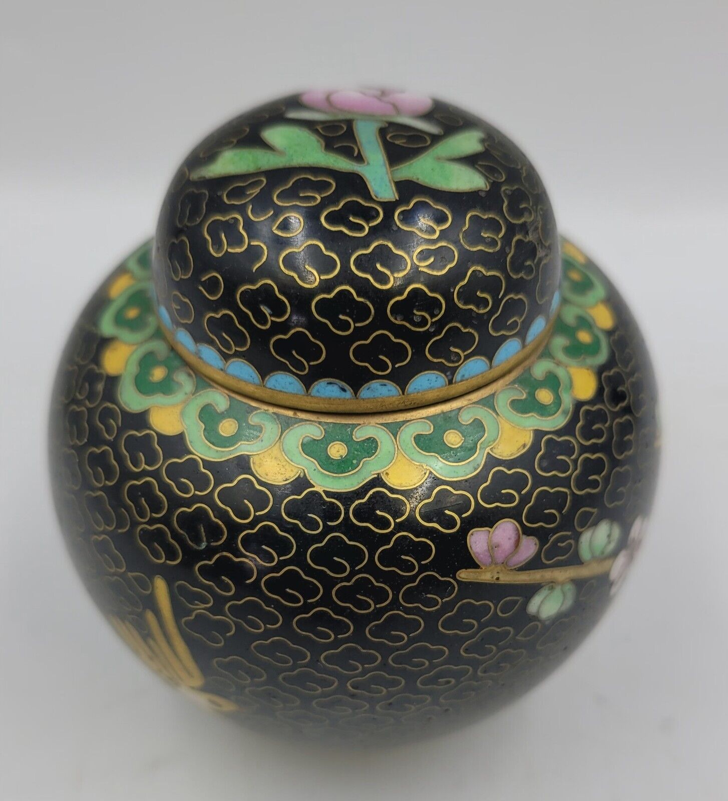 Vintage Chinese Cloisonne Covered Ginger Pot Jar Black with Flowers