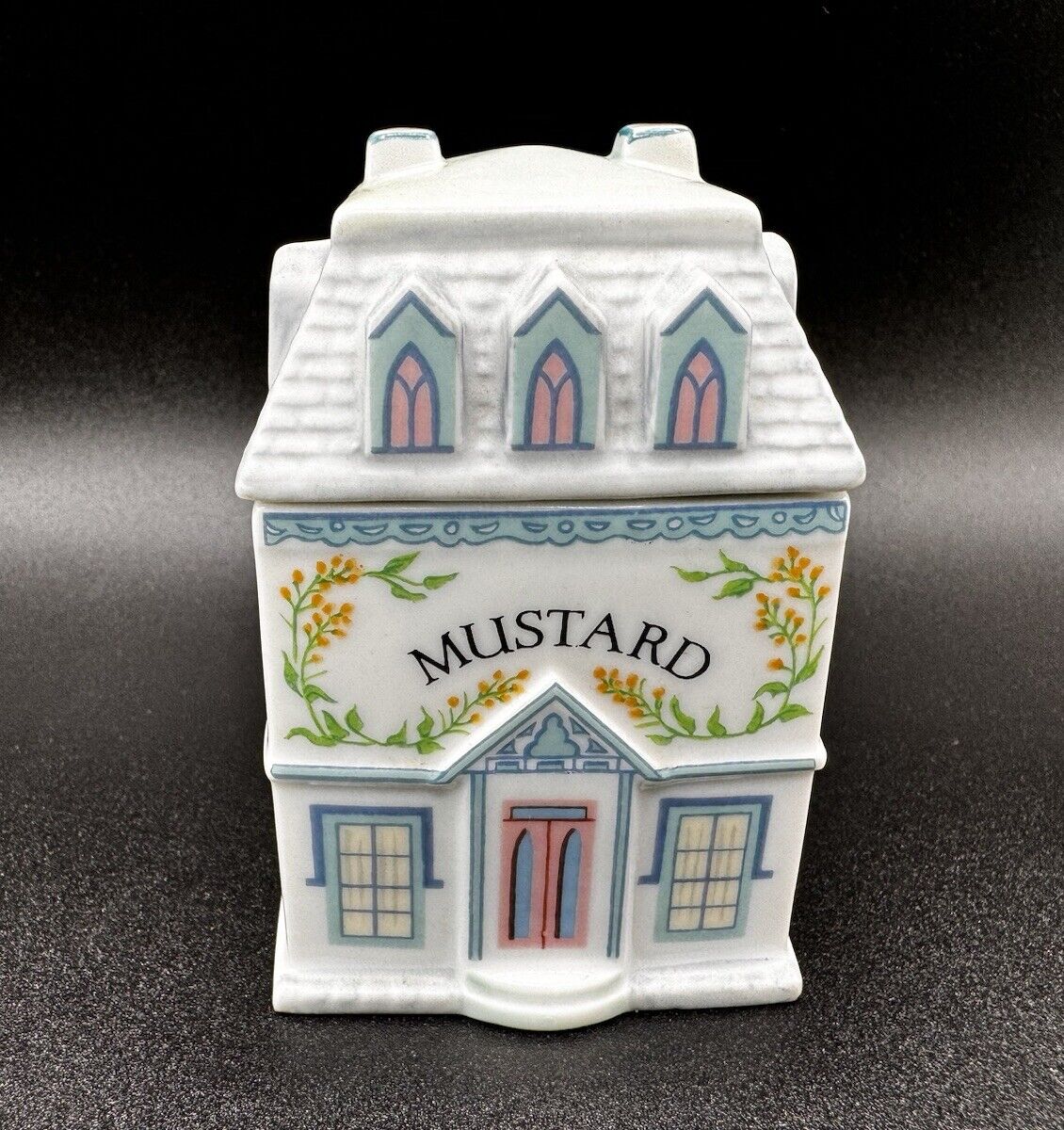 Mustard- The Lenox Spice Village Fine Porcelain House Jar 1989 Base, Lid 3” Tall