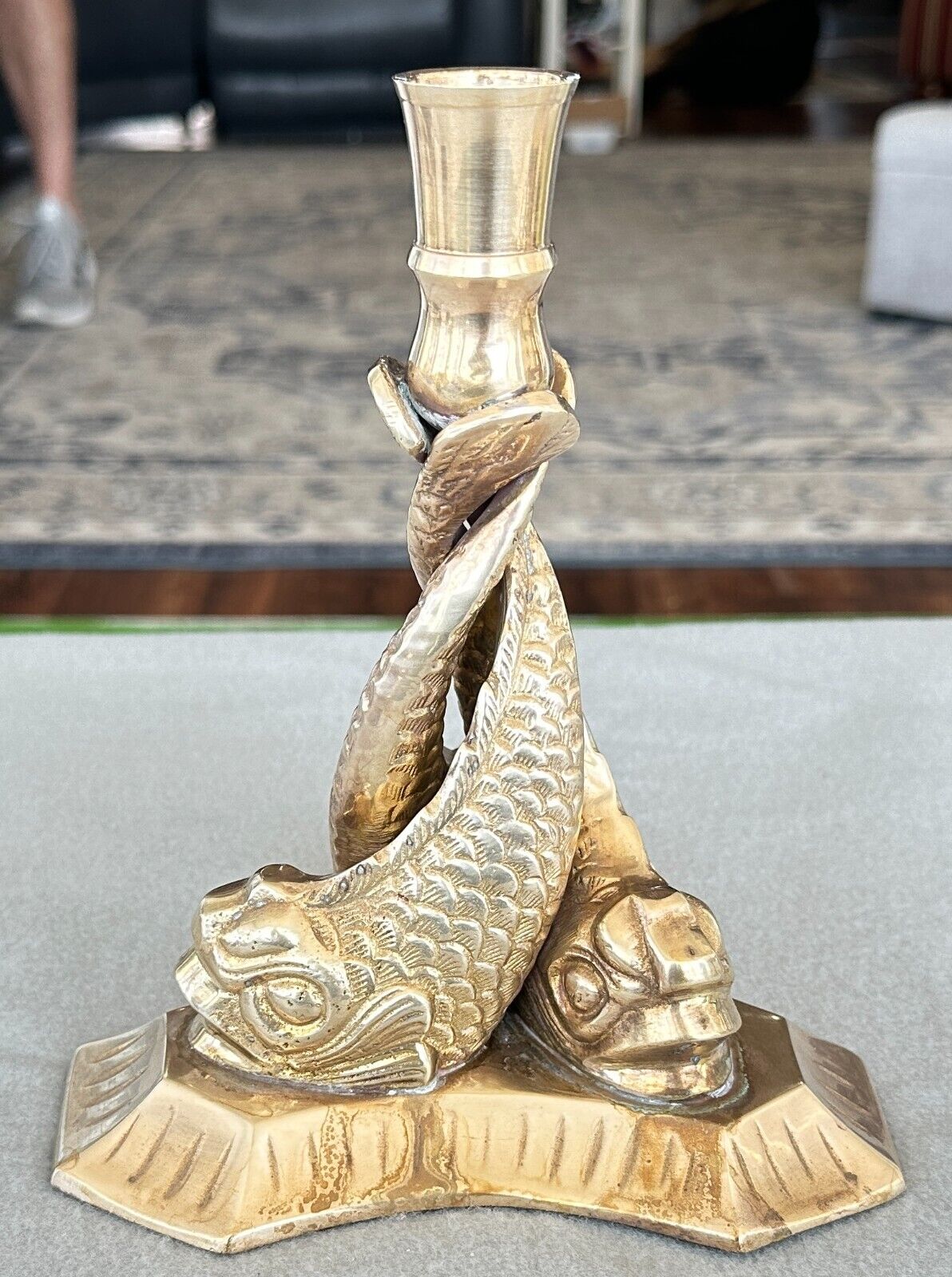 VINTAGE SOLID BRASS KOI FISH DOLPHIN BRASS CANDLE HOLDER CANDLESTICK