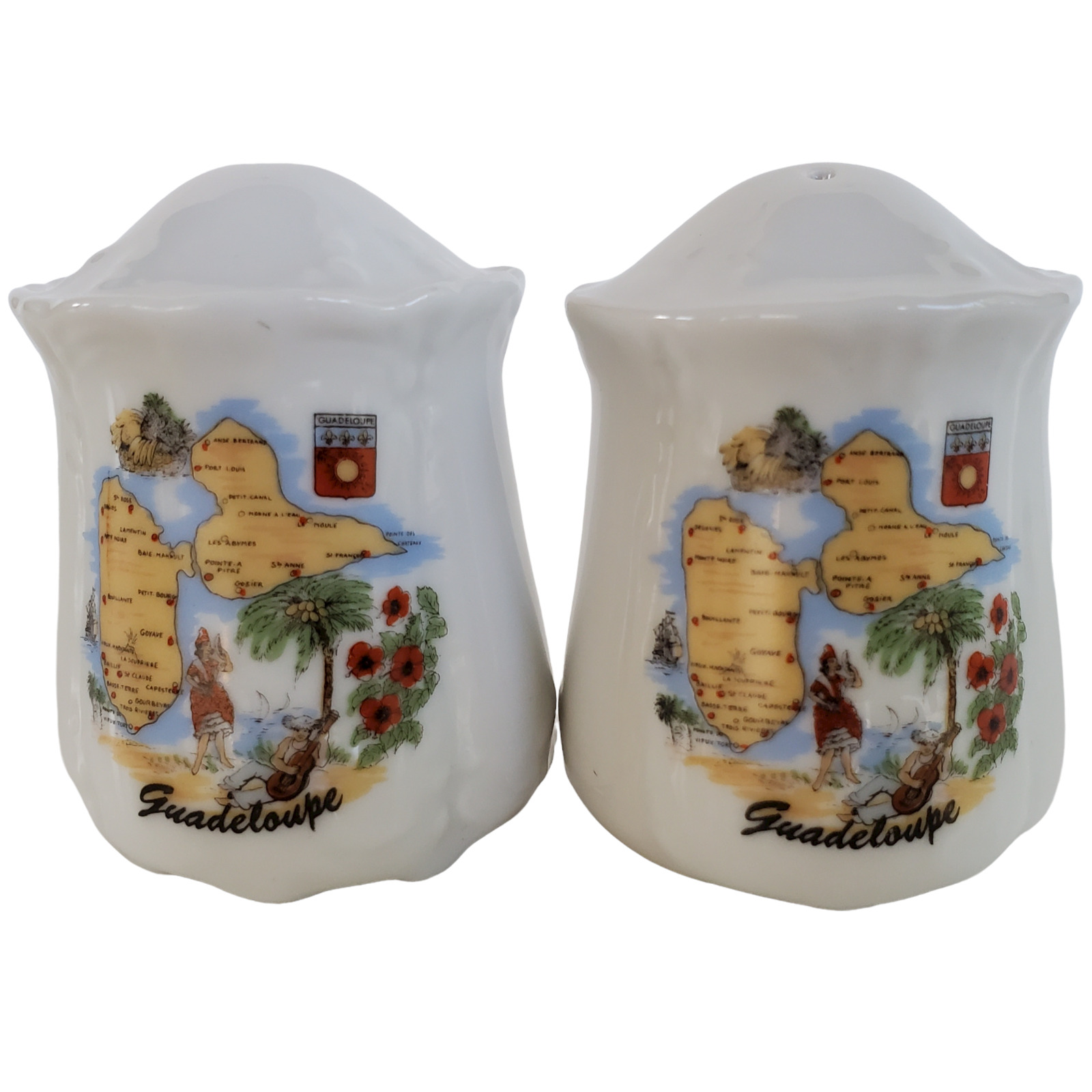 Vintage Guadeloupe Souvenir Salt & Pepper Shaker Set White Porcelain Collectible