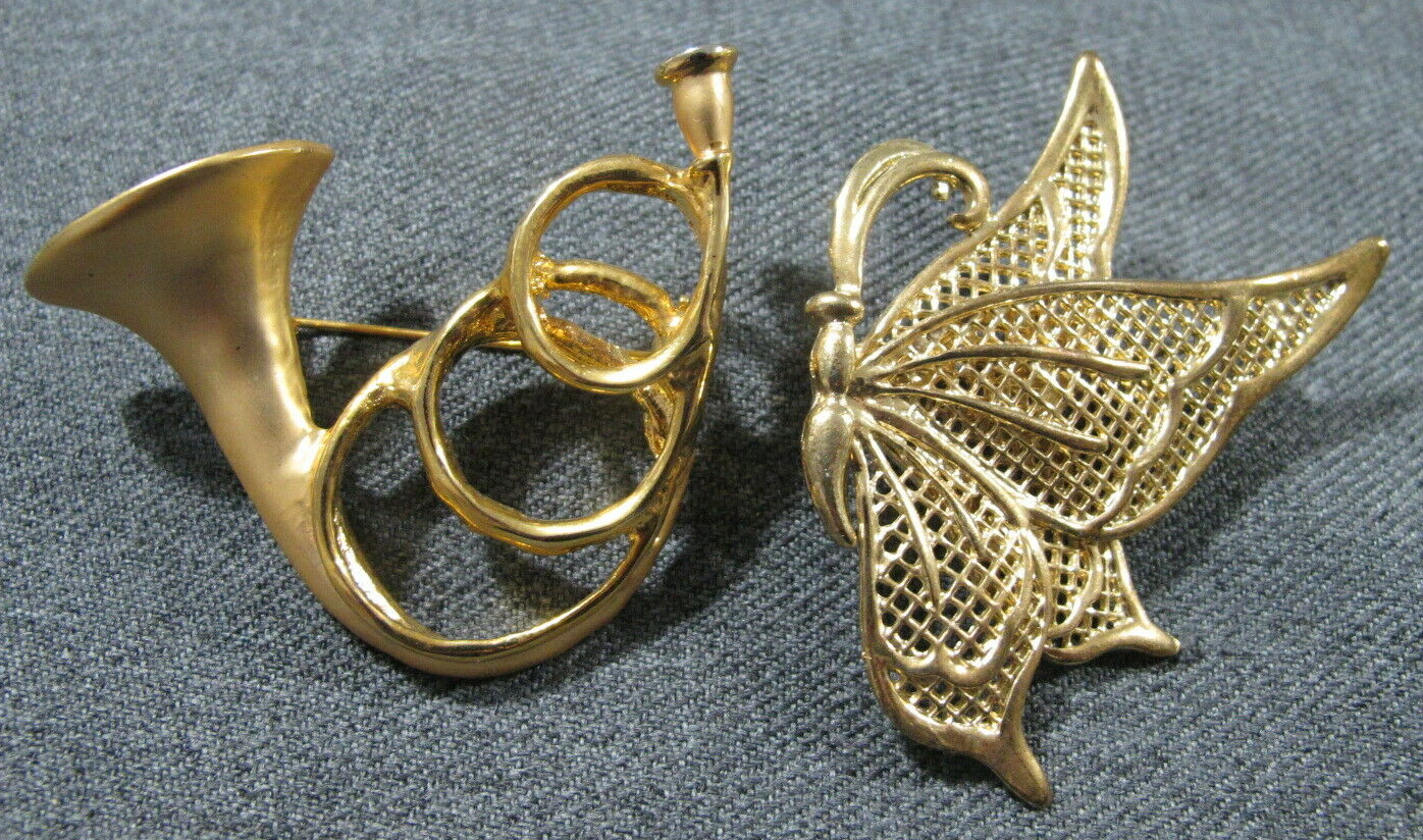Vintage filigree butterfly & horn goldtone metal pins 