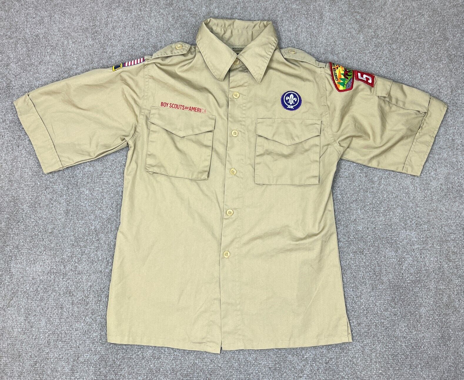 Boy Scouts Shirt Boys BSA Uniform Youth Medium Brown Button Up Patches Kids