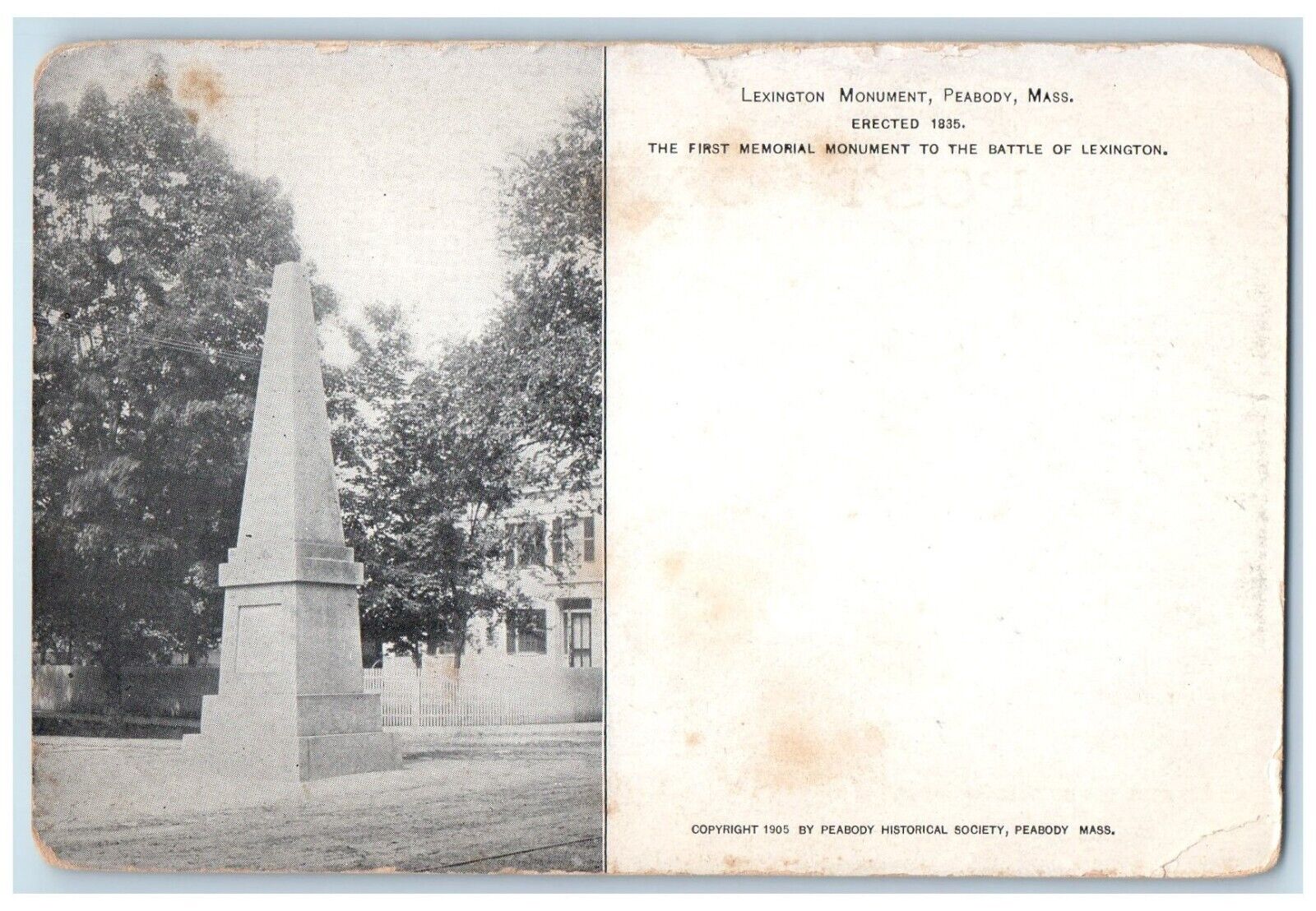 c1910\'s Lexington Memorial Monument Peabody Massachusetts MA Antique Postcard