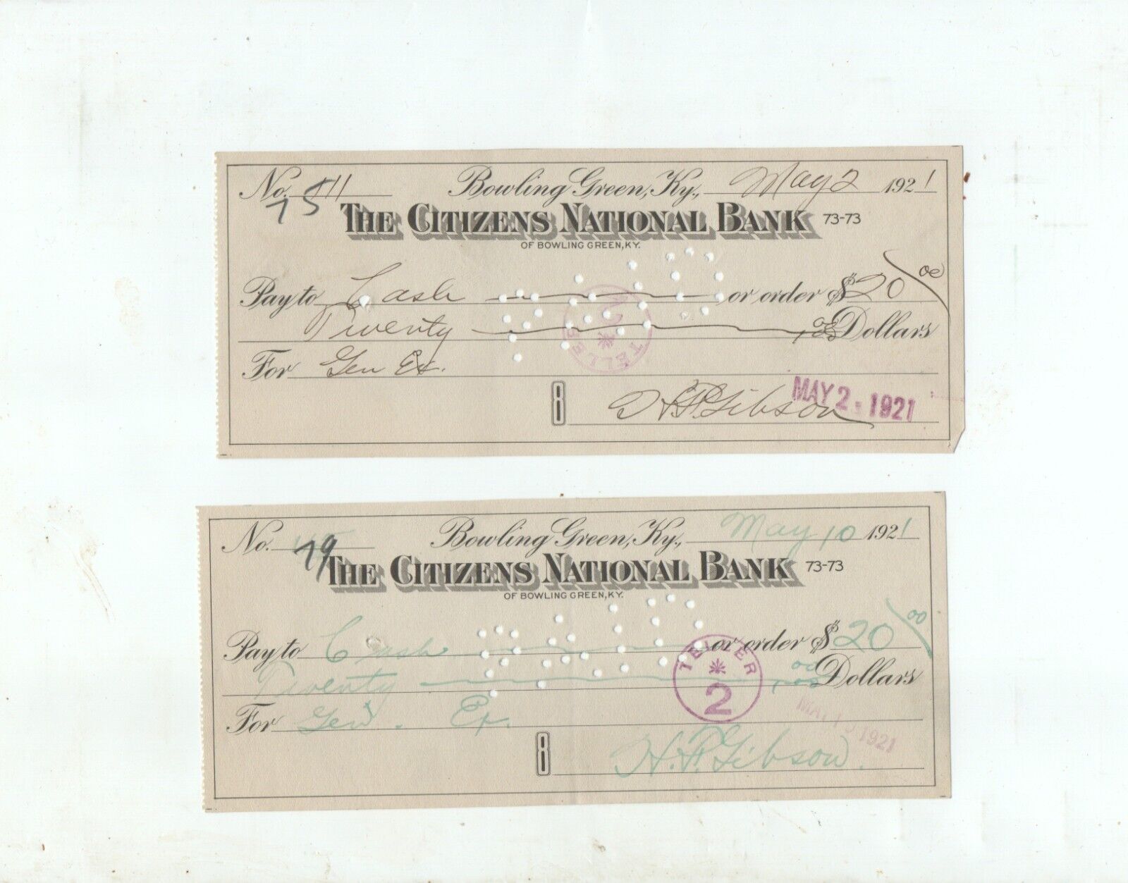 lot of two 1921 Citizens Bank checks Bowling Green Kentucky: signed H. F. Gibson