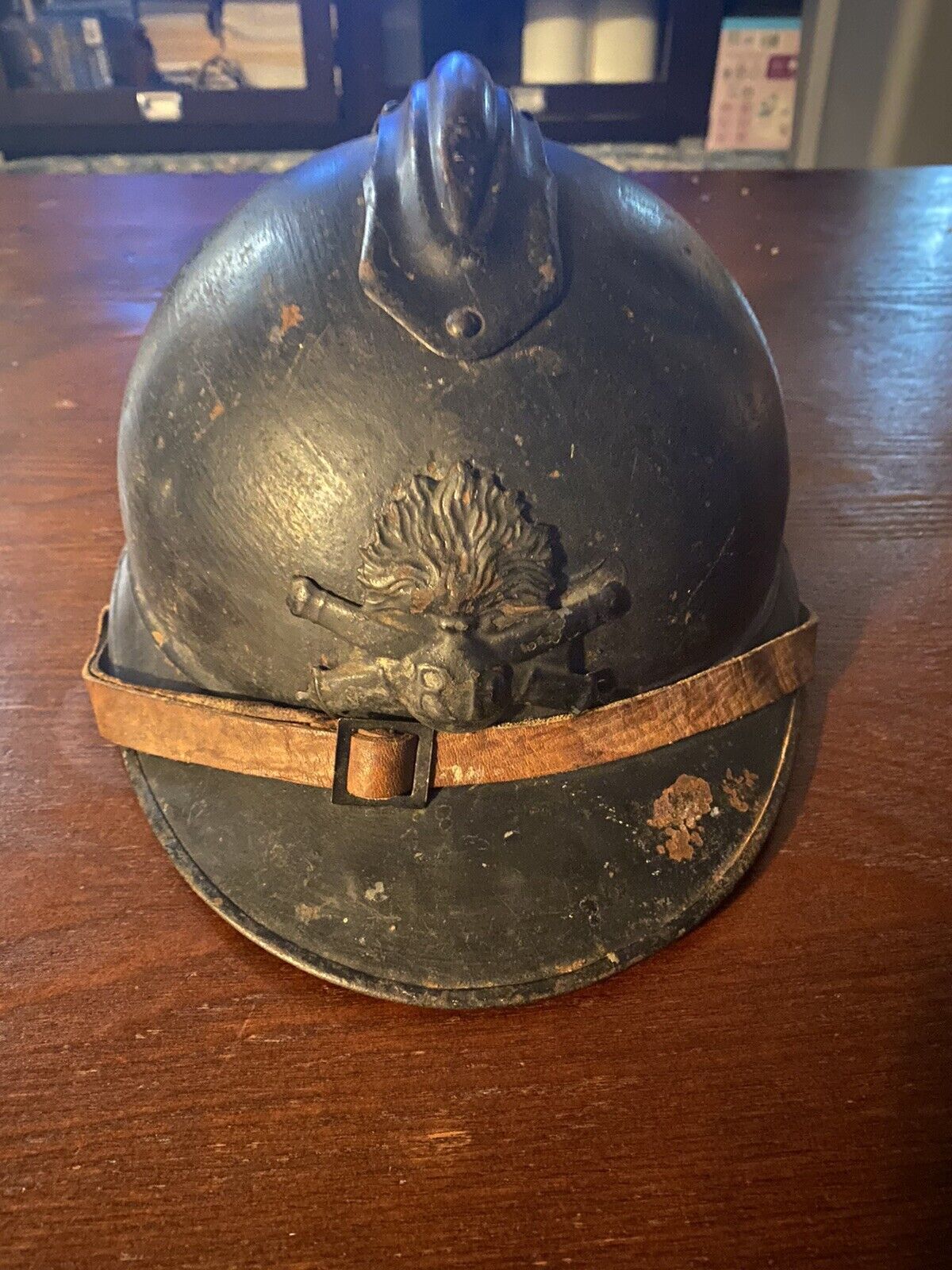 Original WW1 French Artillery Helmet Completed With Original Black Paint