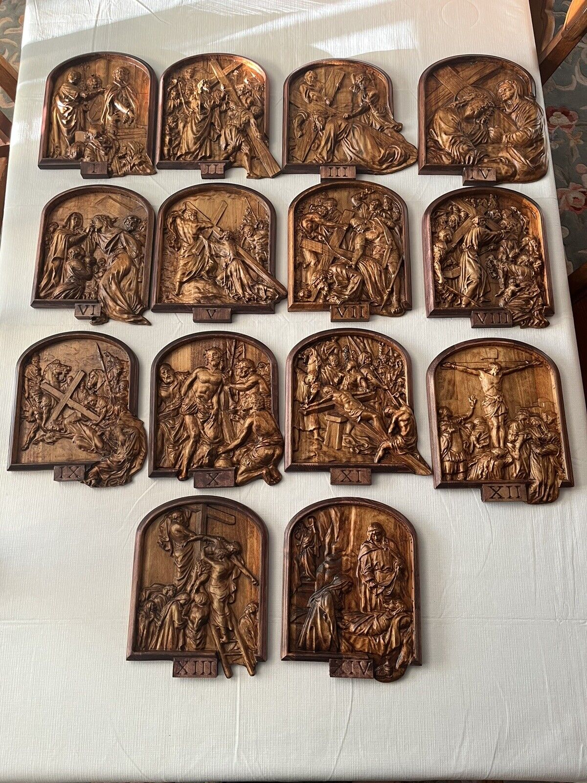 Wood Stained And carved stations Of The cross