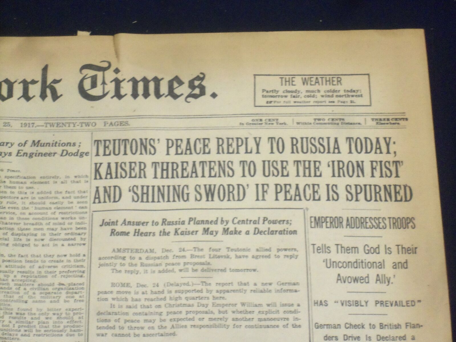 1917 DECEMBER 25 NEW YORK TIMES - TEUTONS PEACE REPLY TO RUSSIA TODAY - NT 8267