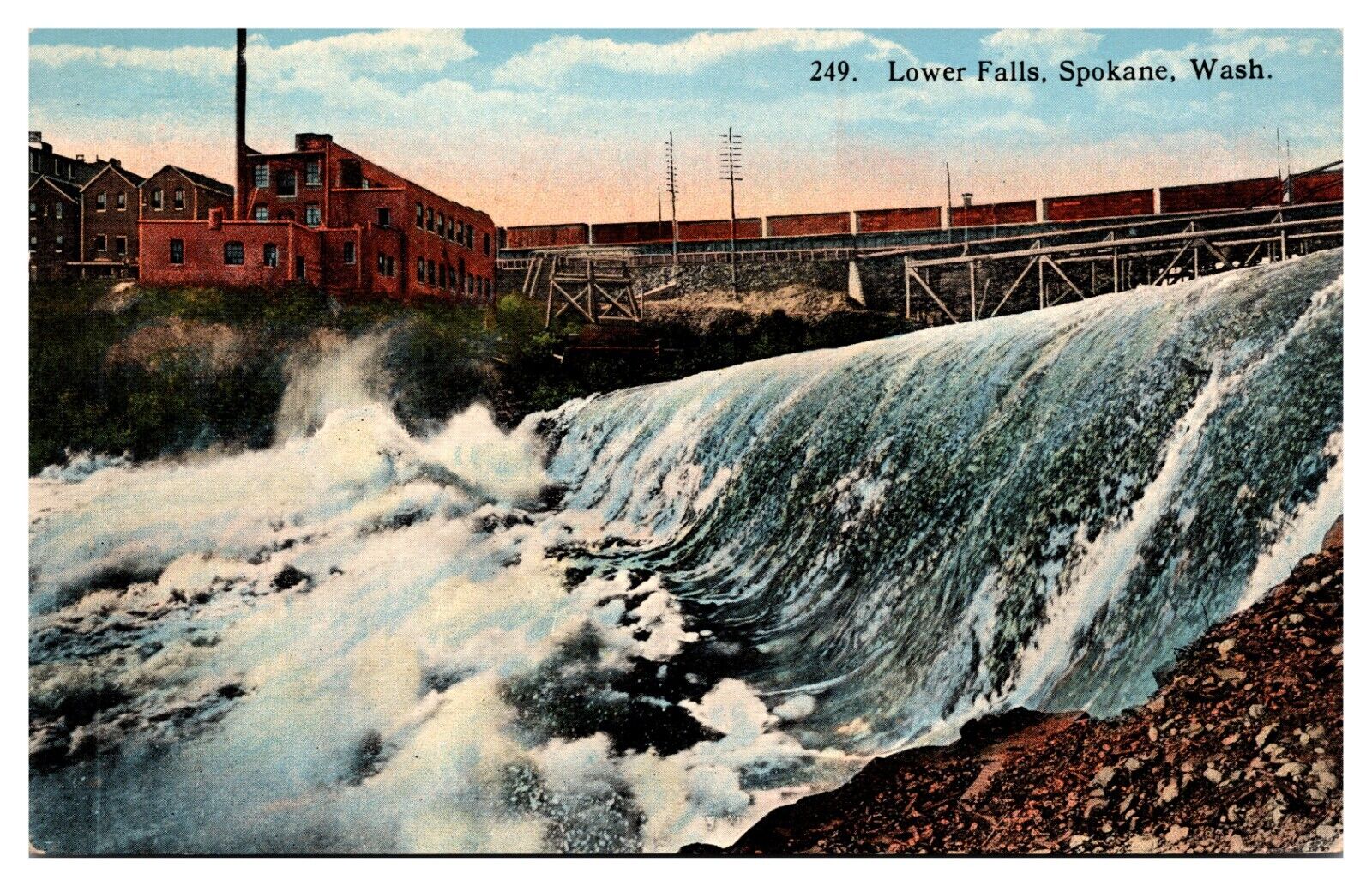 Lower Falls Spokane River Washington Train and Railroad Bridge C1918  Postcard