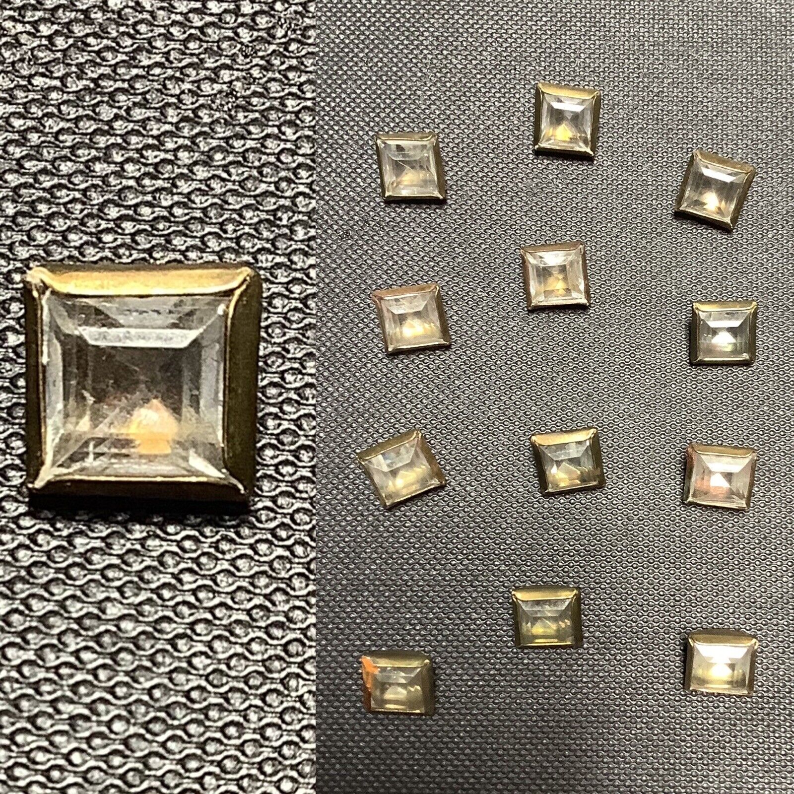 VTG 1930-40’ Lot of 12 Art Deco Square Crystal Buttons Set In Brass Metal Frame
