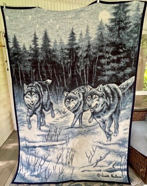 Vintage Biederlack Throw Blanket 3 Wolf Wolves Blue Grey 78x56” USA Reversible