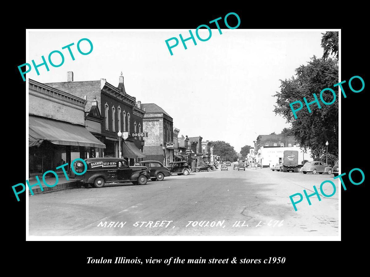 OLD LARGE HISTORIC PHOTO OF TOULON ILLINOIS THE MAIN STREET & STORES c1950