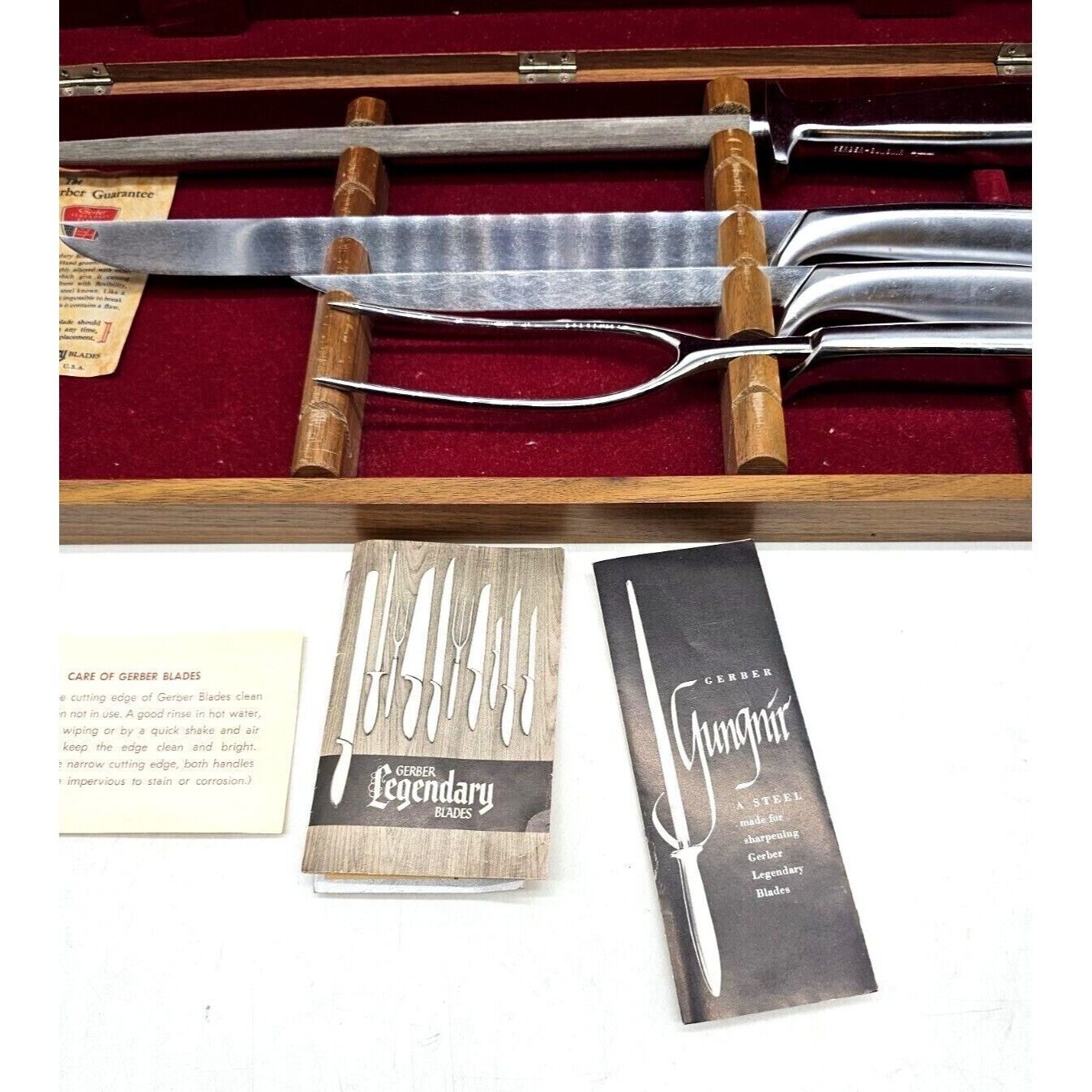 Vintage GERBER LEGENDARY BLADES 4 pc CARVING SET in WALNUT BOX & Papers Exc Cond