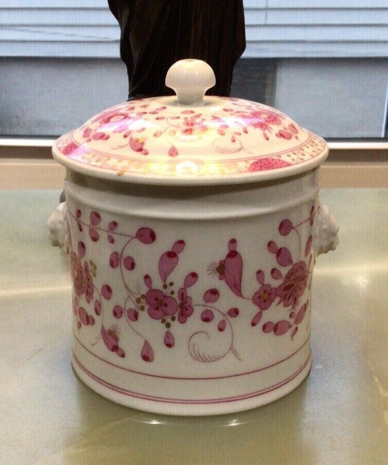 Rare Meissen 5” High Pink Indian Flower Porcelain Covered Jar