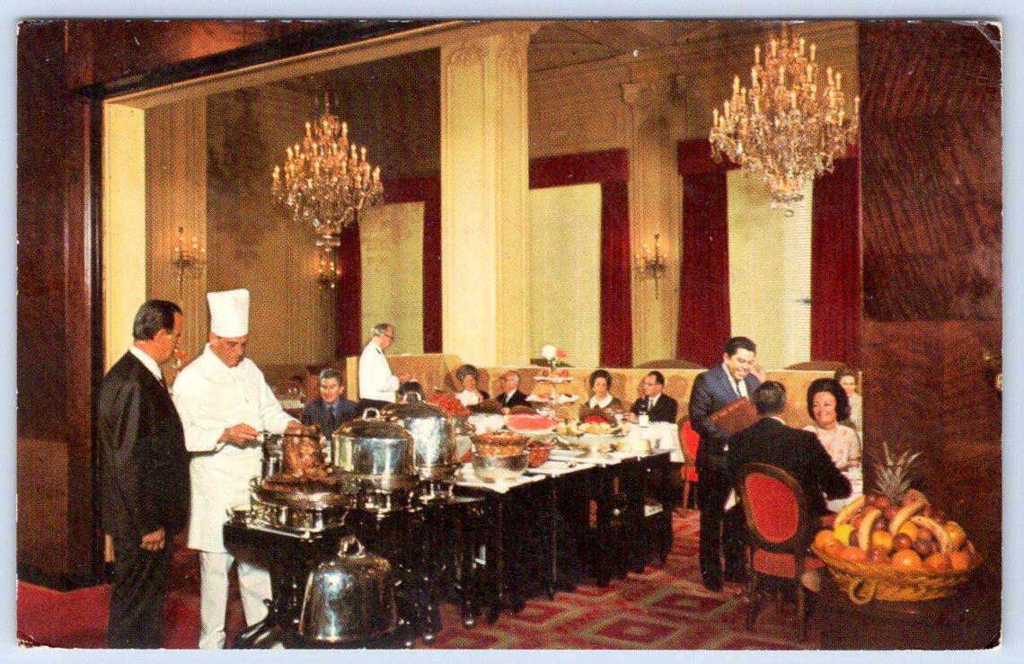1971 CLIFT HOTEL SAN FRANCISCO CA REDWOOD ROOM RESTAURANT BUFFET CHANDELIERS
