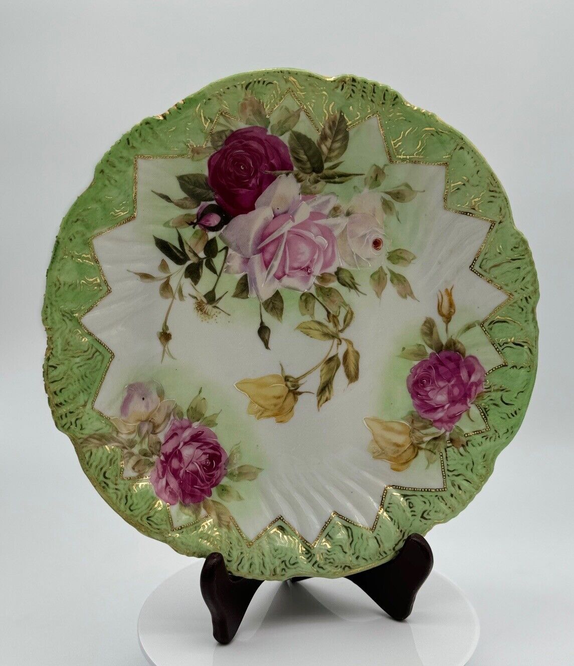 Antique Hand Painted Nippon Porcelain Serving Plate - Roses, Green & Gold Trim