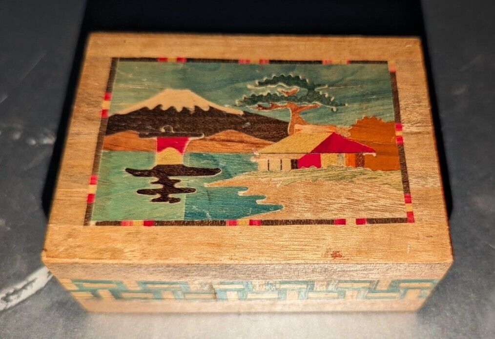 Vintage Japanese Wooden Puzzle Box Made in Japan Mt. Fuji Scene