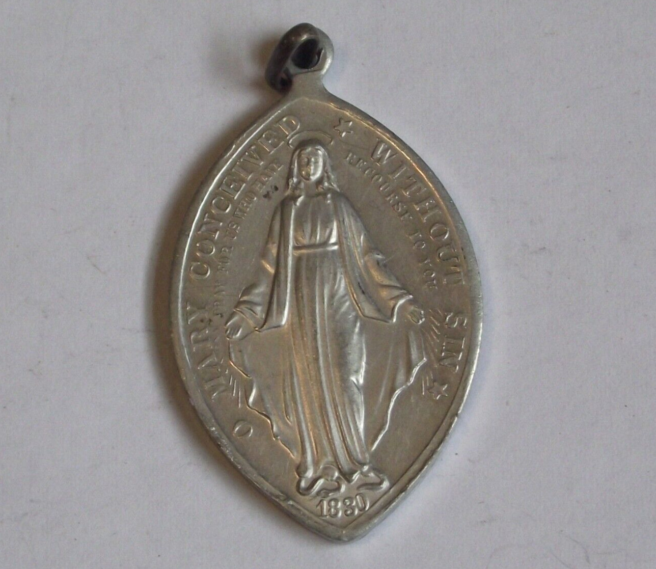 Vintage large 24x42mm aluminum medal Miraculous Virgin Mary crushing the snake