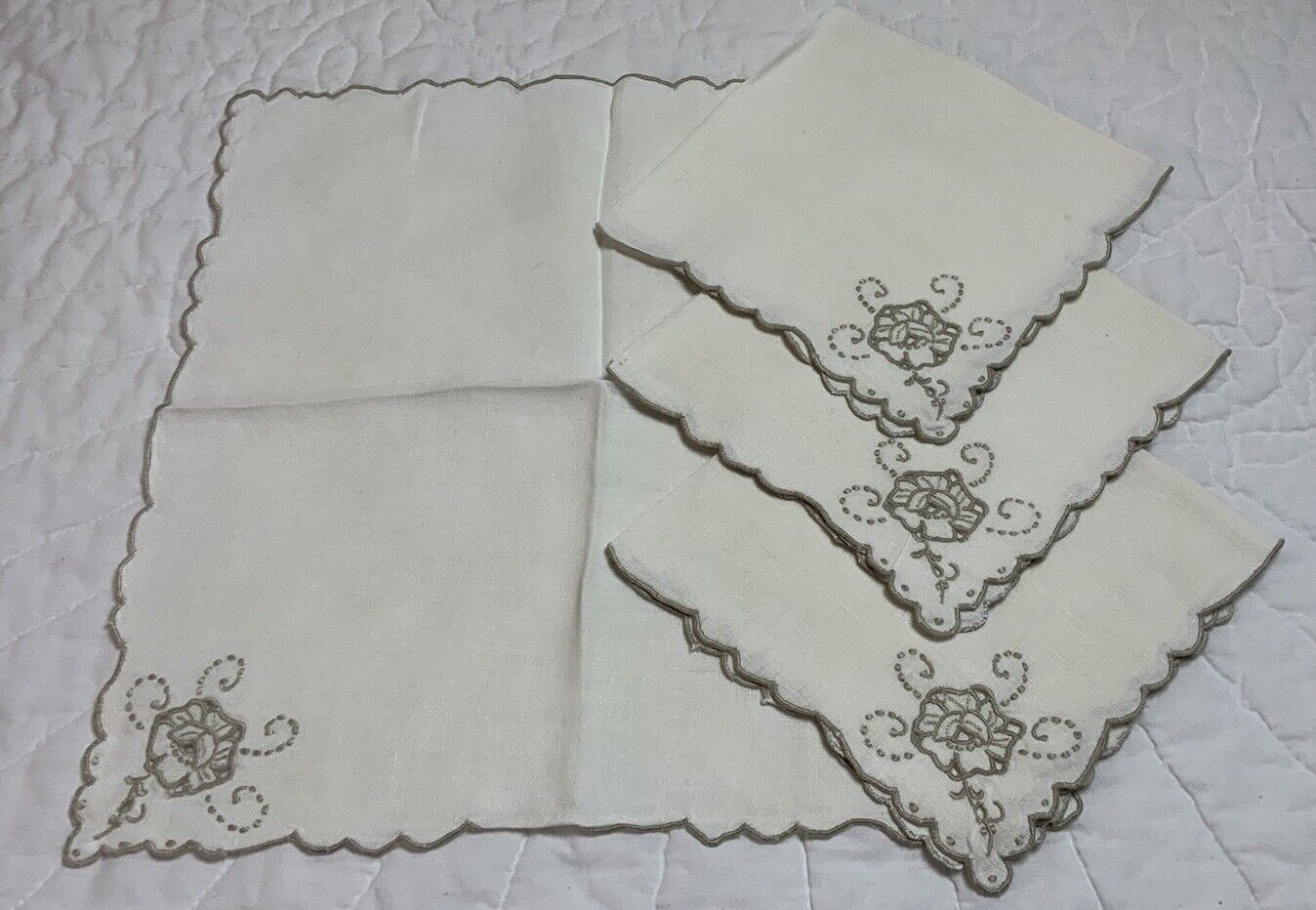 Four Vintage Dinner Napkins, Linen, Flower Embroidery Design, Antique White