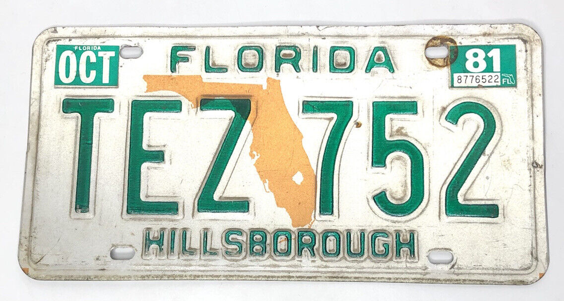 Vintage 1981 Florida License Plate TEZ 752 Hillsborough County