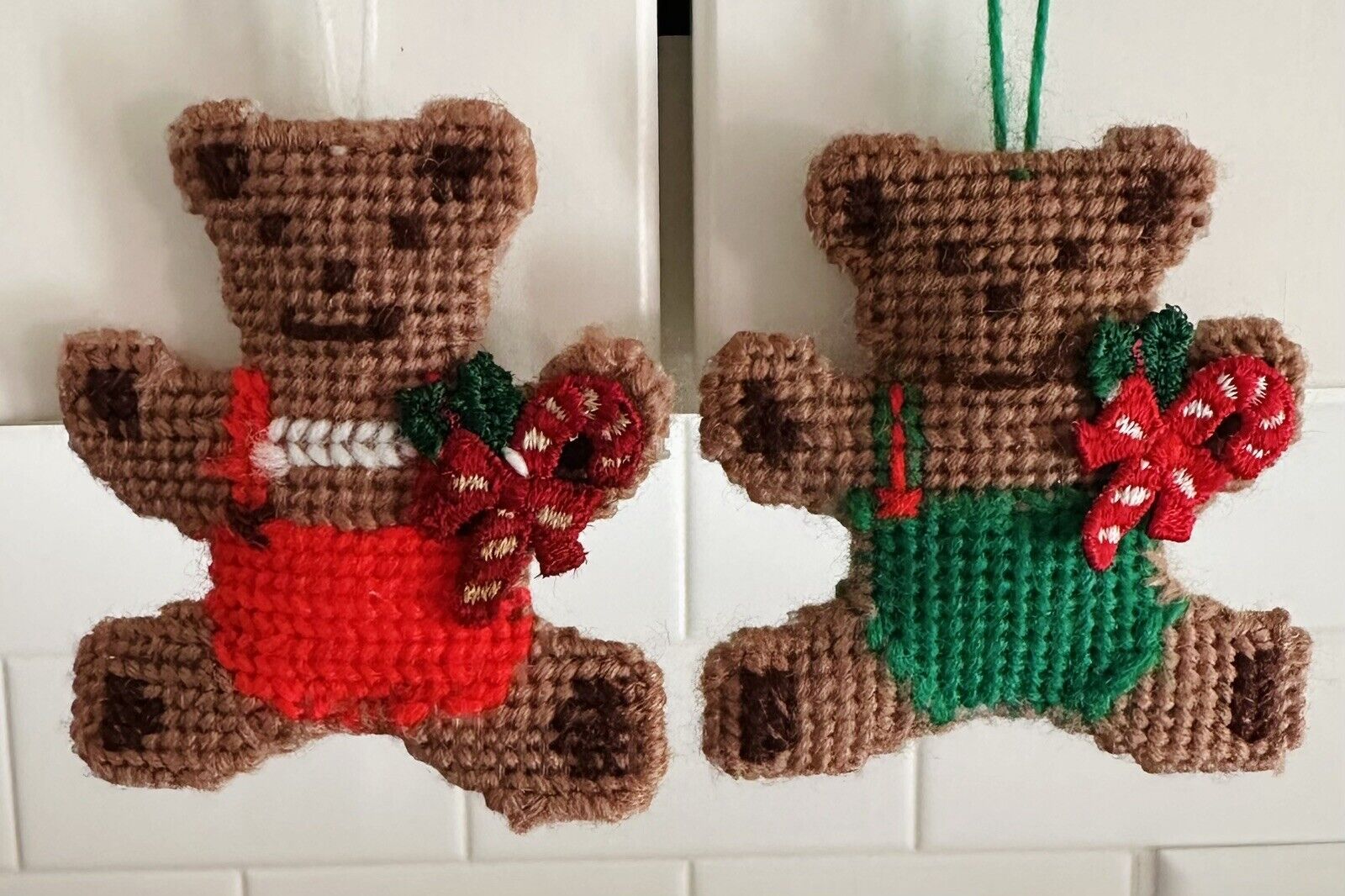 A pairs Of Two Handmade Needlepoint Teddy Bear Christmas Ornaments