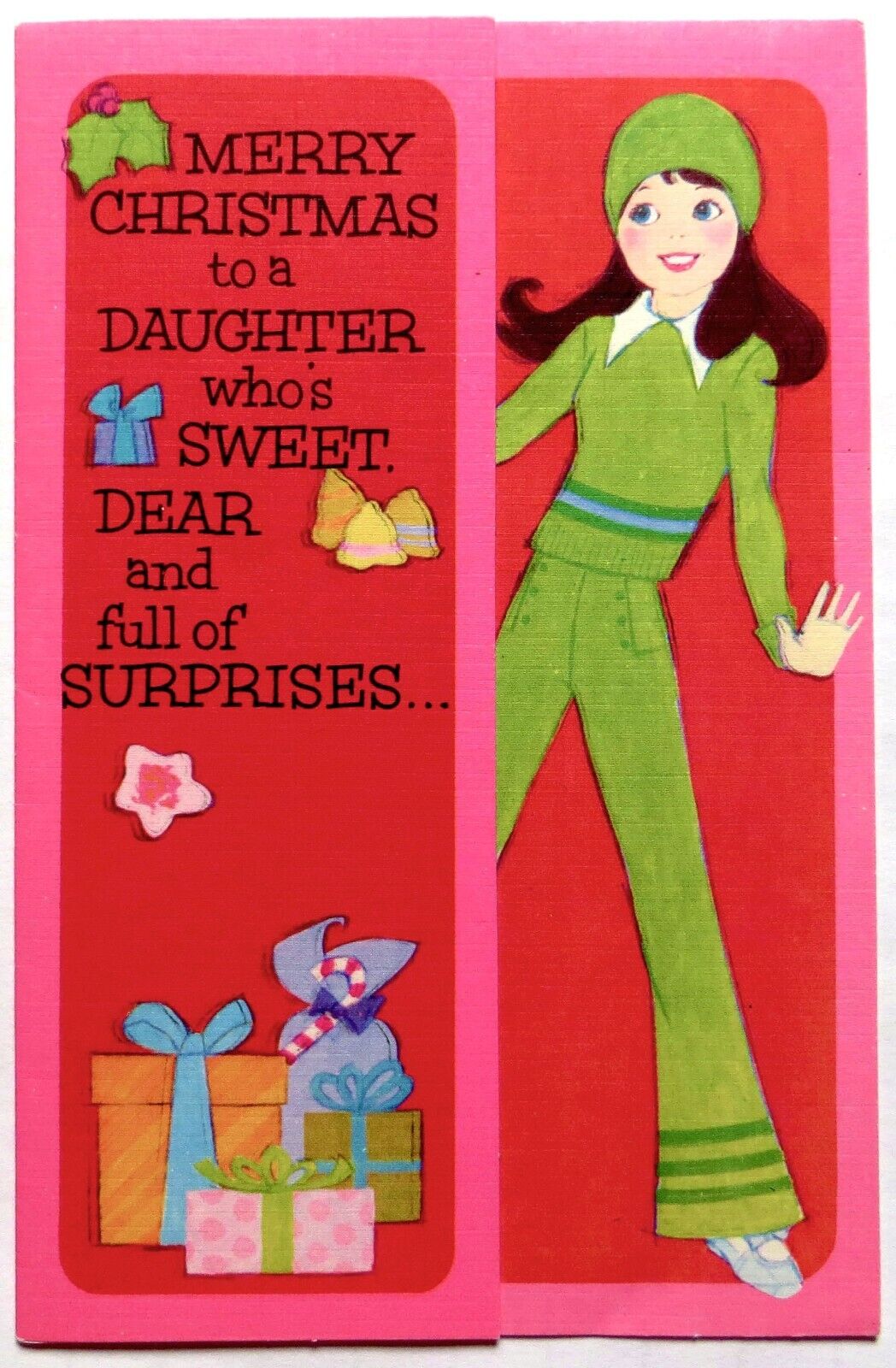 Vtg Unused Christmas Card-CUTE MOD GIRL IN GREEN OUTFIT BELL BOTTOMS-CAT-1970\'s