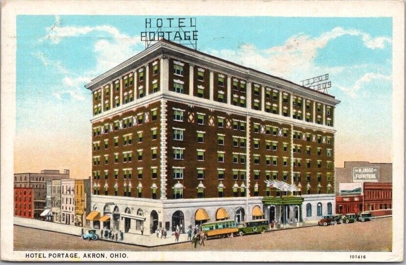 Vintage AKRON, Ohio Postcard HOTEL PORTAGE Building / Street View - 1940 Cancel
