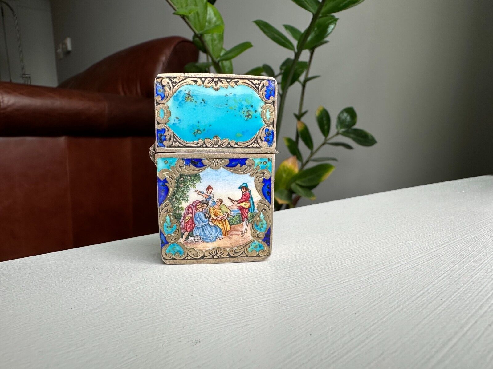 Vintage Etched 800 Silver Enamel Lighter Case Italy Gold Wash Beautiful