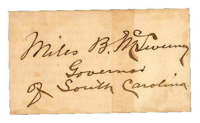 RARE “87th South Carolina Governor” Miles McSween Signed 1.5X3 Calling Card