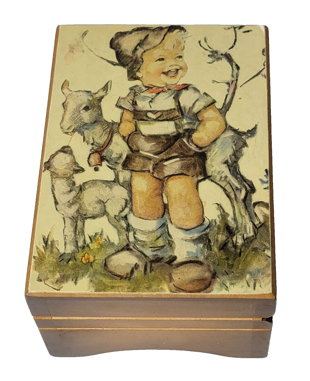 Vintage Hummel Little Goat Herder Wood Music Box  Plays Strauss Waltz  Swiss Mov