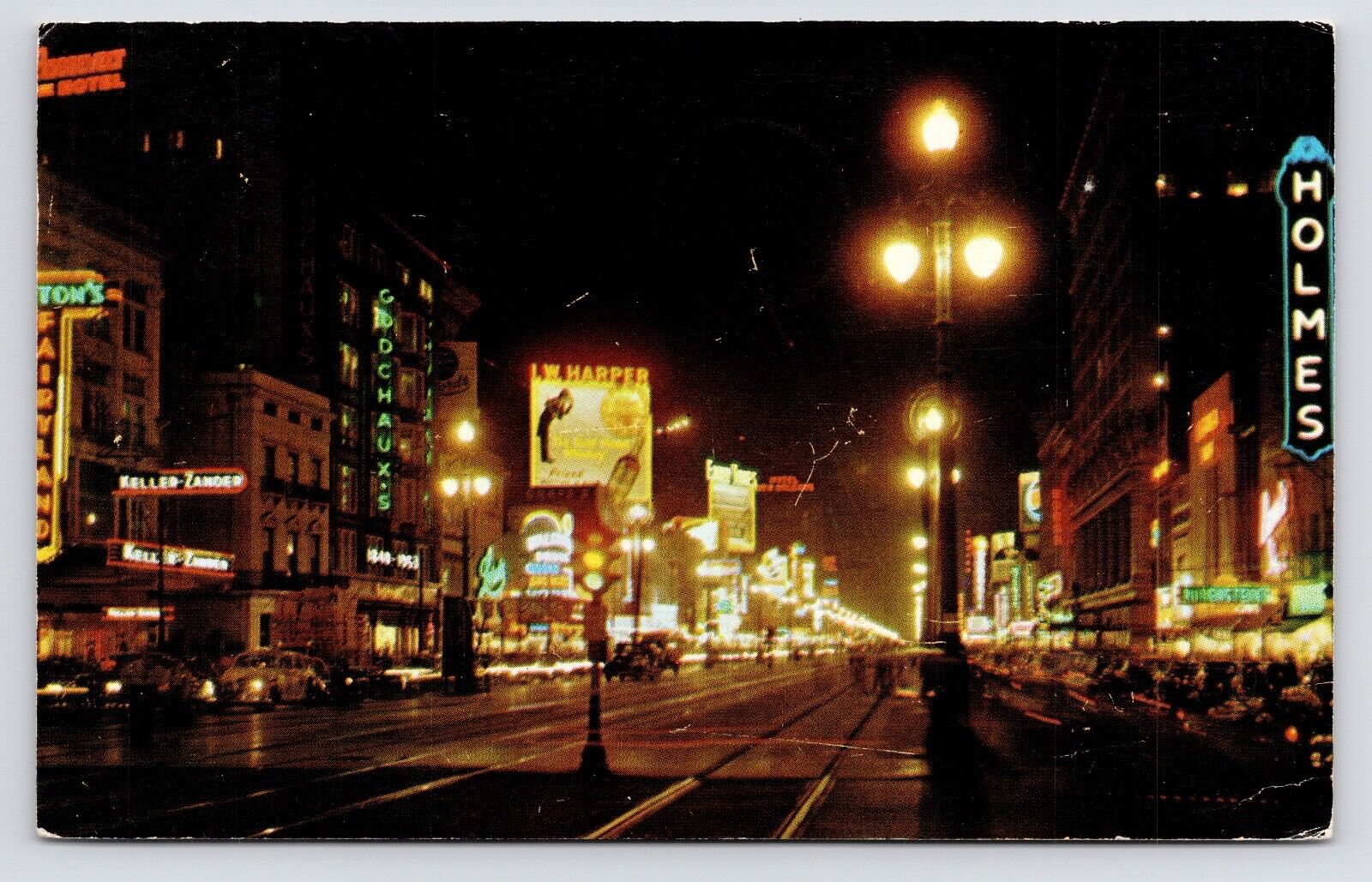 1950s~New Orleans LA~Canal Street~Night~Neon~IW Harper Whiskey Sign~VTG Postcard