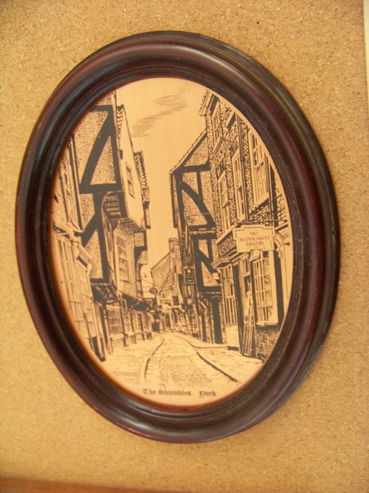 Copper Etching The Shambles, York England wood framed oval Coppercraft c43471